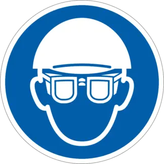 Fejvédő és védőszemüveg használata kötelező! matrica (piktogram)