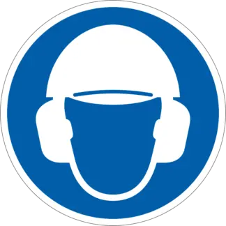 Fejvédő és hallásvédő használata kötelező! matrica (piktogram)