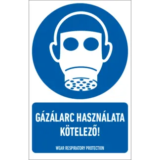 Gázálarc használata kötelező! matrica / tábla (ISO 7010-M017 piktogram + felirat)