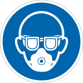 Porvédő maszk és védőszemüveg használata kötelező! matrica (piktogram)