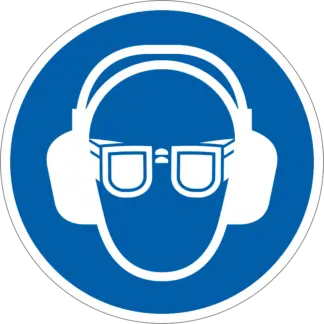 Védőszemüveg és hallásvédő használata kötelező! matrica (piktogram)