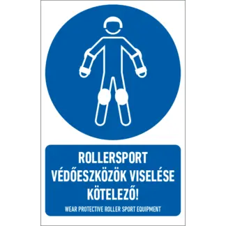 Rollersport védőeszközök viselése kötelező! matrica / tábla (ISO 7010-M049 piktogram + felirat)