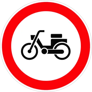 Segédmotoros kerékpárral behajtani tilos! KRESZ közlekedési tábla