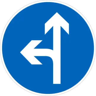 Kötelező haladási irány (egyenesen és balra) KRESZ közlekedési tábla
