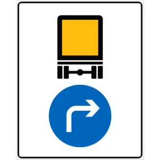 Kötelező haladási irány veszélyes anyagot szállító jármű részére (megtört jobb) KRESZ közlekedési tábla