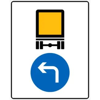 Kötelező haladási irány veszélyes anyagot szállító jármű  részére (megtört bal) KRESZ közlekedési tábla