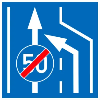 Kiegészítő sáv kezdete és legkisebb sebesség vége KRESZ közlekedési tábla