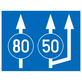 Különböző forgalmi sávokra érvényes kötelező legkisebb sebesség KRESZ közlekedési tábla