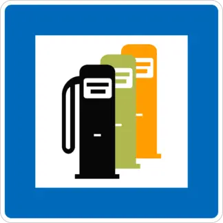 Ólmozatlan benzint és autógázt is árusító üzemanyagtöltő állomás KRESZ közlekedési tábla