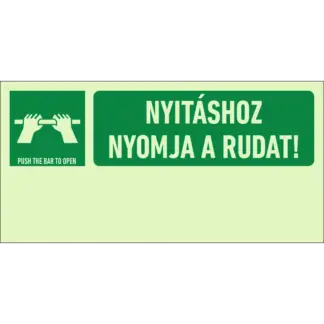 Nyitáshoz nyomja a rudat! matrica / tábla (piktogram + felirat)