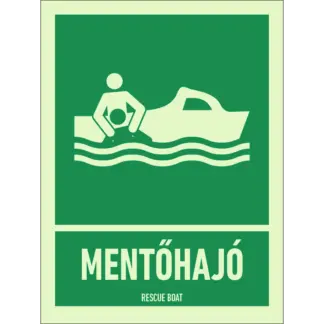 Mentőhajó utánvilágító matrica (ISO 7010-E037 piktogram + felirat)