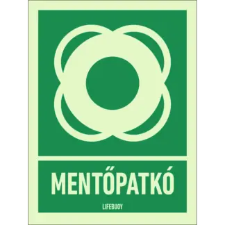 Mentőpatkó utánvilágító matrica (ISO 7010-E040 piktogram + felirat)