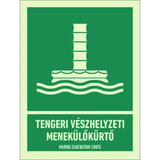 Tengeri vészhelyzeti menekülőkürtő utánvilágító matrica (ISO 7010-E055 piktogram + felirat)