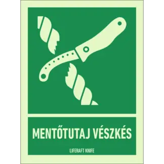 Mentőtutaj vészkés utánvilágító matrica (ISO 7010-E035 piktogram + felirat)