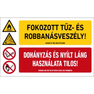 Fokozott tűz- és robbanásveszély! Dohányzás és nyílt láng használata tilos! matrica / tábla (piktogram + felirat)