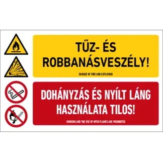 Tűz- és robbanásveszély! Dohányzás és nyílt láng használata tilos! matrica / tábla (piktogram + felirat)