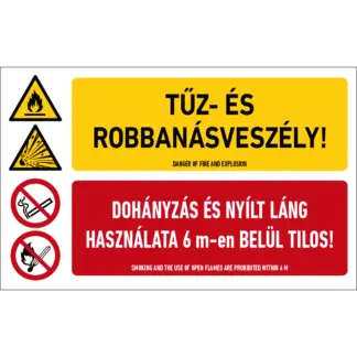 Tűz- és robbanásveszély! Dohányzás és nyílt láng használata 6 m-en belül tilos! matrica / tábla (piktogram + felirat)