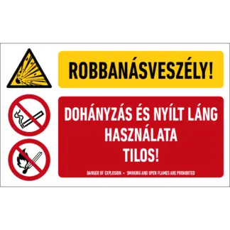 Robbanásveszély! Dohányzás és nyílt láng használata tilos! matrica / tábla (piktogram + felirat)