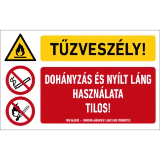 Tűzveszély! Dohányzás és nyílt láng használata tilos! matrica / tábla (piktogram + felirat)