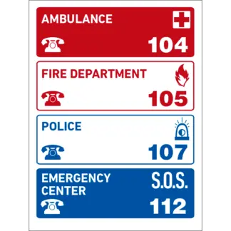 Segélykérő telefonszámok matrica / tábla (piktogram + felirat)