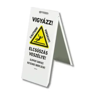 Vigyázz! Elcsúszás veszélye! szétnyitható tábla (ISO 7010-W011 piktogram + három nyelvű felirat) 300x700 mm