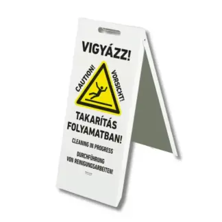 Vigyázz! Takarítás folyamatban! szétnyitható tábla (ISO 7010-W011 piktogram + három nyelvű felirat) 300x700 mm